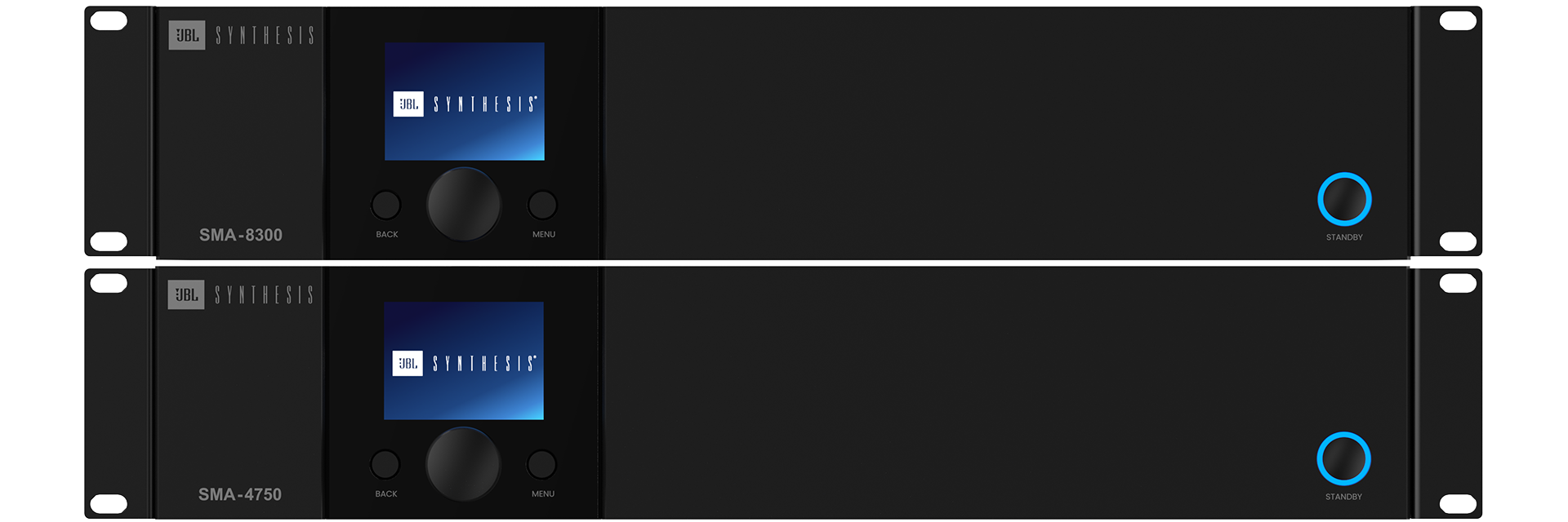 High-powered amplification with bridgeable outputs in a compact rack stackable design